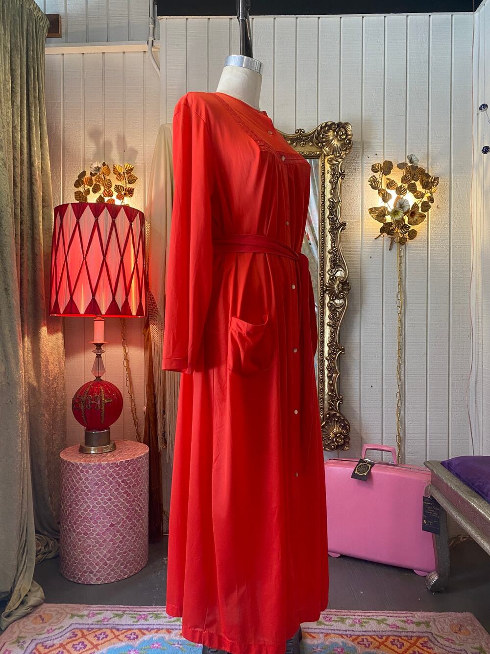 1970s red nylon robe, 70s dressing gown, nancy king lingerie, loungewear, m/l